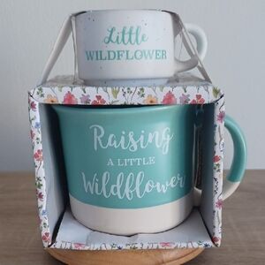 2 FOR $20 NIB Teal & White RAISING A LITTLE WILDFLOWER Large & Small Mug Set